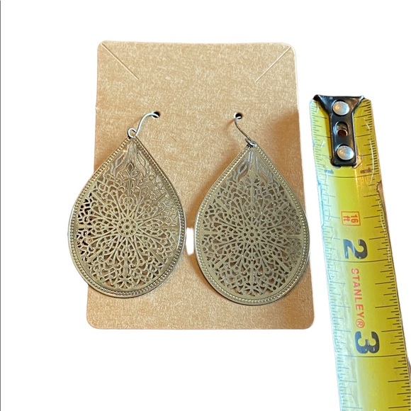Boho Gunmetal Gray Cutout Metal Teardrop Shaped Lightweight Drop Earrings - Picture 4 of 4